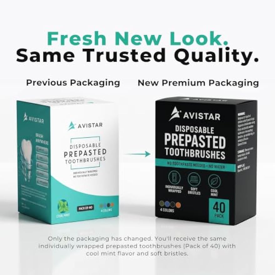 Avistar 40 Prepasted Disposable Toothbrushes Individually Wrapped - Single Use Pre Pasted Disposable Toothbrushes with Toothpaste Built in - Waterless Toothbrush for Travel, Guests, Hotel, & Camping