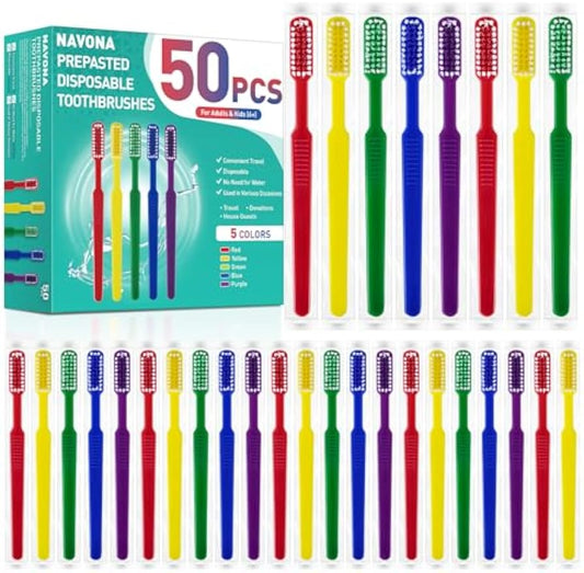50 PCS Prepasted Disposable Toothbrushes with Toothpaste, Bulk Toothbrush | Premium Bulk Disposable Toothbrushes Individually Wrapped, Single Use Prepasted Toothbrush for Travel, Guests, Hotel, Camping