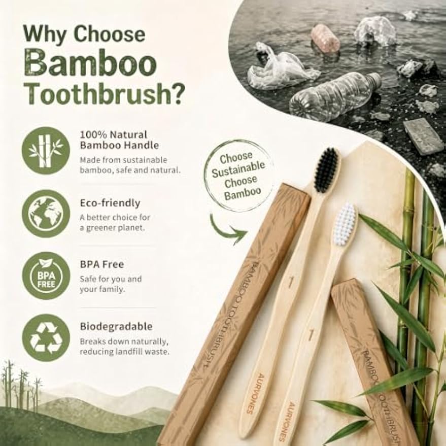 Bamboo Toothbrushes Soft Bristles, 10 Pack Natural Toothbrush | Eco Friendly Plastic Free Toothbrush Castor Oil Bristles, BPA Free Wooden Toothbrush for Family & Travel