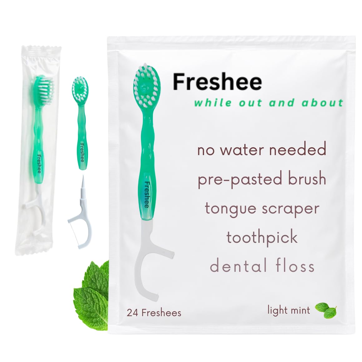 Freshee Disposable Toothbrushes with Toothpaste – 5 in 1 Mini Toothbrush with Floss, Pick, Tongue Scraper | No Water Needed | Individually Wrapped | Prepasted Travel Toothbrush | Extra Mint | Bead