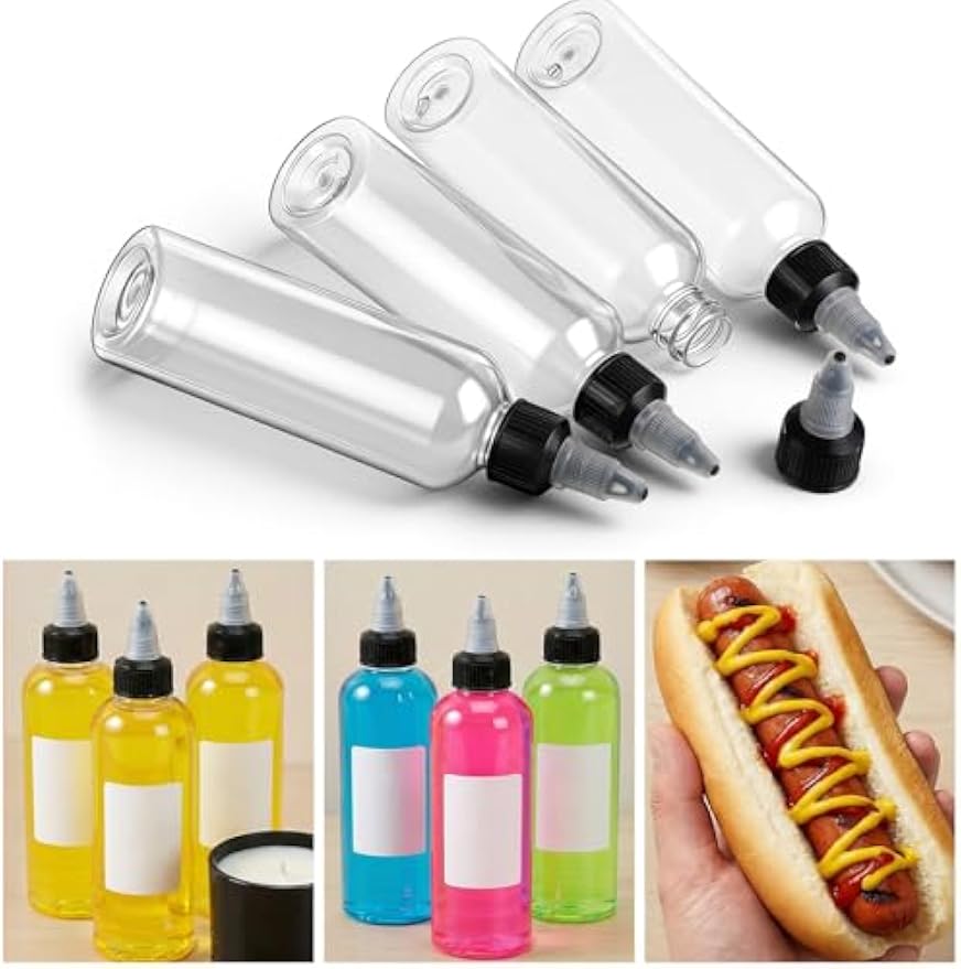 64 Pack 4 oz Plastic Squeeze Bottles, Round Clear Dispensing Bottles with Twist Top Cap and Funnel, Plastic Boston Squeeze Bottle for Liquids, Oils, Inks, Crafts, Kitchen, Household