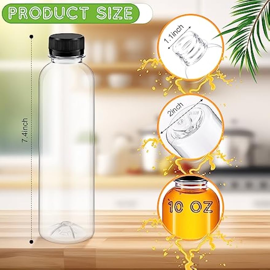 Dandat 50 Pcs 10 Oz Clear Plastic Juice Bottles with Caps Bulk Resuable | Empty Sensory Bottles with Lids, Disposable Drink Containers for Juicing, Drinking and Other Beverages, Wide Mouth Design