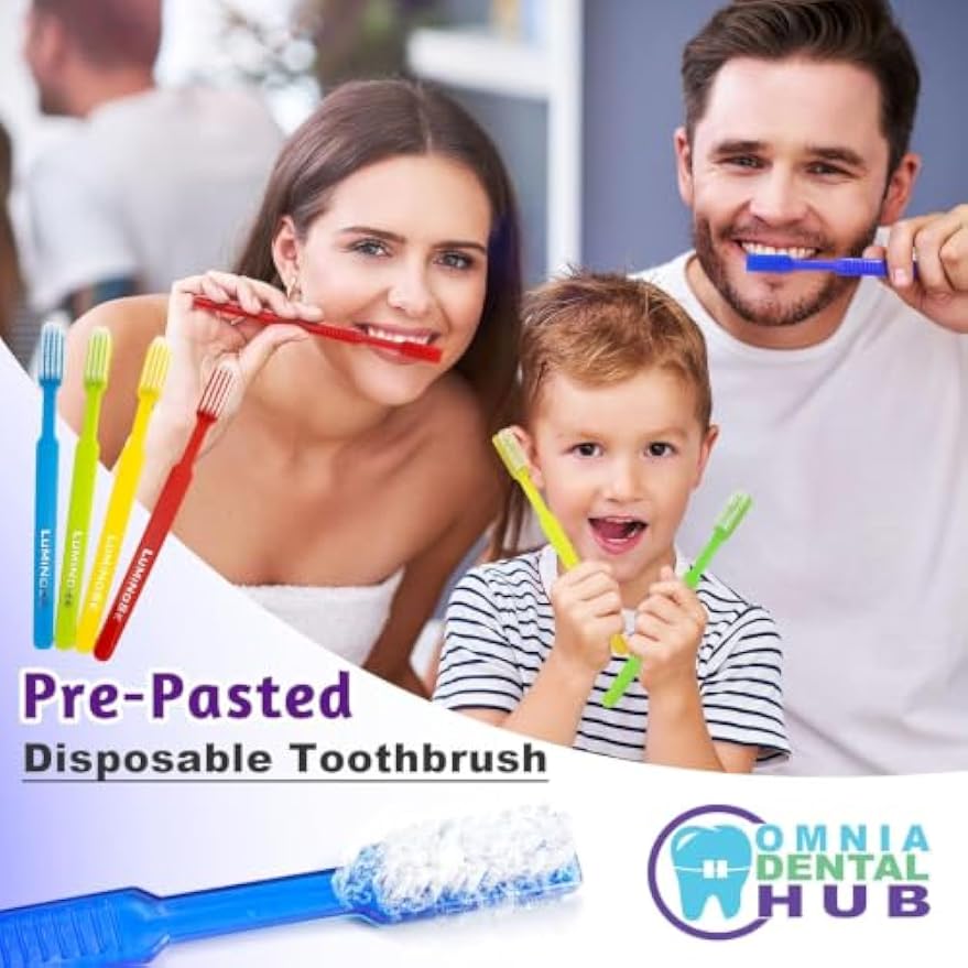 Omnia Disposable Pre-Pasted Toothbrushes | 100 Pcs Individually Wrapped Pre Pasted Toothbrush | Single Use Waterless Tooth Brush for Hotel, Camping, Homeless Gift | Multi Color