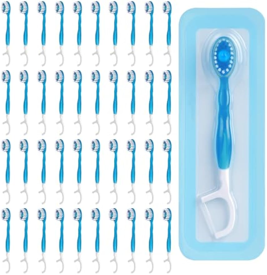 40 Count Disposable Mini Travel Toothbrushes Individually Wrapped, 5 in 1 Pre-Pasted Mini-Brush+Floss+Pick+Tongue Scraper, On The Go Toothbrush with Freshening Bead, Coolmint