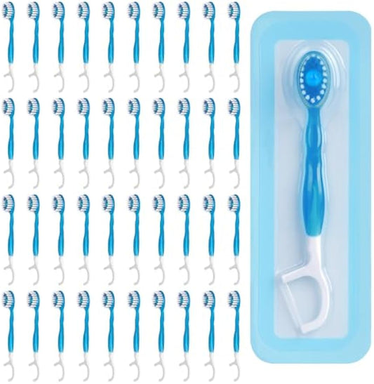 40 Count Disposable Mini Travel Toothbrushes Individually Wrapped, 5 in 1 Pre-Pasted Mini-Brush+Floss+Pick+Tongue Scraper, On The Go Toothbrush with Freshening Bead, Coolmint
