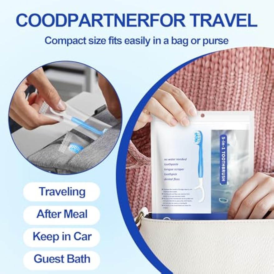 Mini Disposable Toothbrushes with Toothpaste 26 pcs 5 in 1 Travel Portable Toothbrush with Toothpaste + Tongue Scraper + Picks+Floss Travel Case (Mix 5 Flavors, 26)