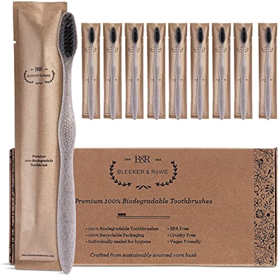 Bleeker and Rowe Biodegradable Eco-Friendly Toothbrushes - Individually Sealed - BPA Free Soft Bristles - Sustainable - Recycled Packaging (Pack of 10)