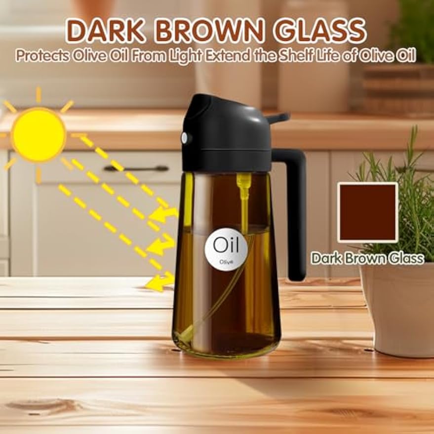 YARRAMATE 16oz/470ml Light Blocking Oil Sprayer for Cooking (Black) | Food-Grade 2 in 1 Olive Oil Dispenser Bottle for Kitchen, Premium Dark Amber Glass Oil Bottle for Air Fryer, BBQ