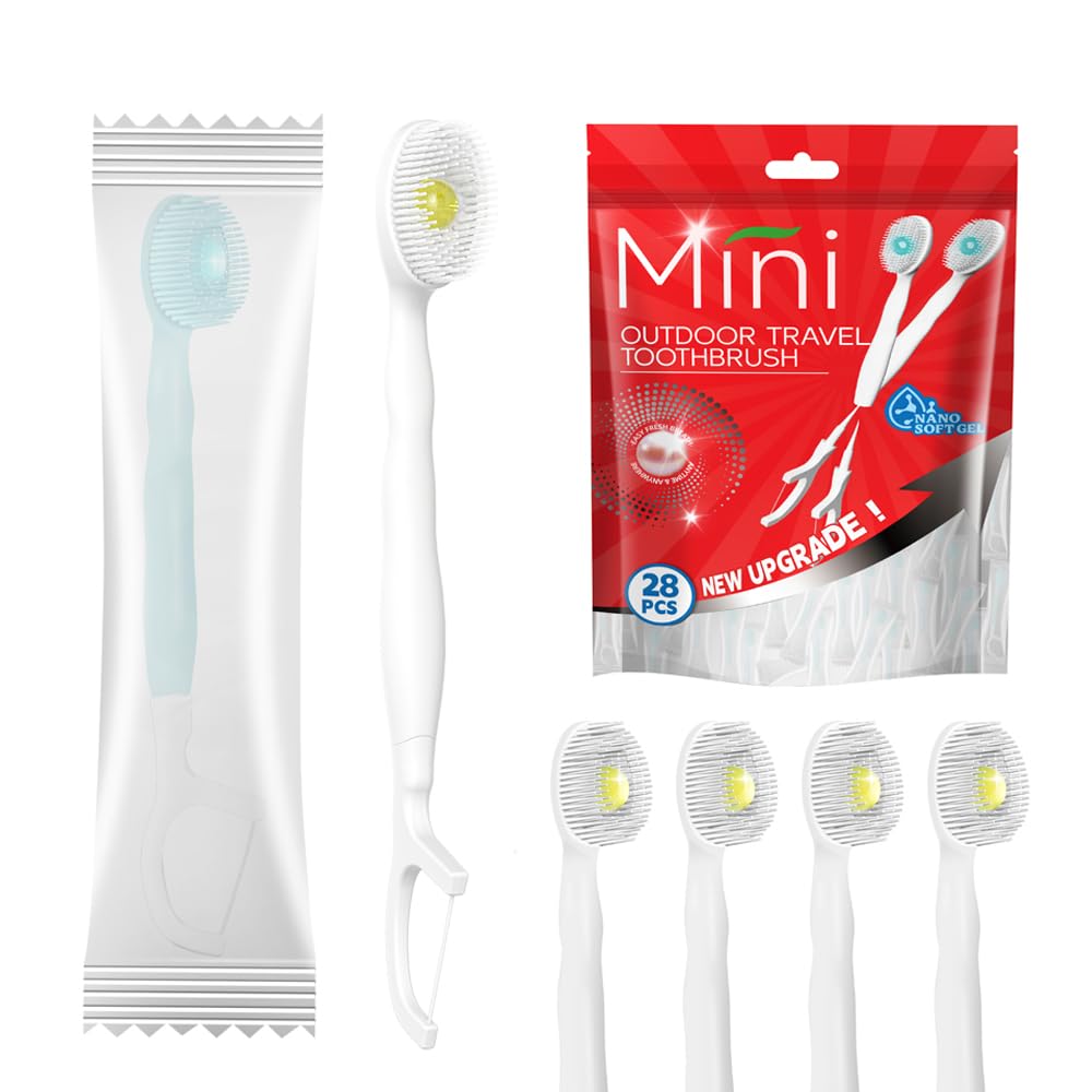 28 Packs Mini Brushes Disposable Toothbrushes, Mix Flover | with Toothpaste, Floss, Pick, Tongue Scraper, Travel Size Business Trip Individually Wrapped