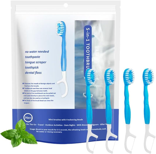 5 in 1 Mini Brushes-Disposable Toothbrushes with Toothpaste + Floss + Pick + Tongue Scraper | Travel Size | Individually Wrapped | Soft | Mint | Travel Set (Mint, 26 pcs)