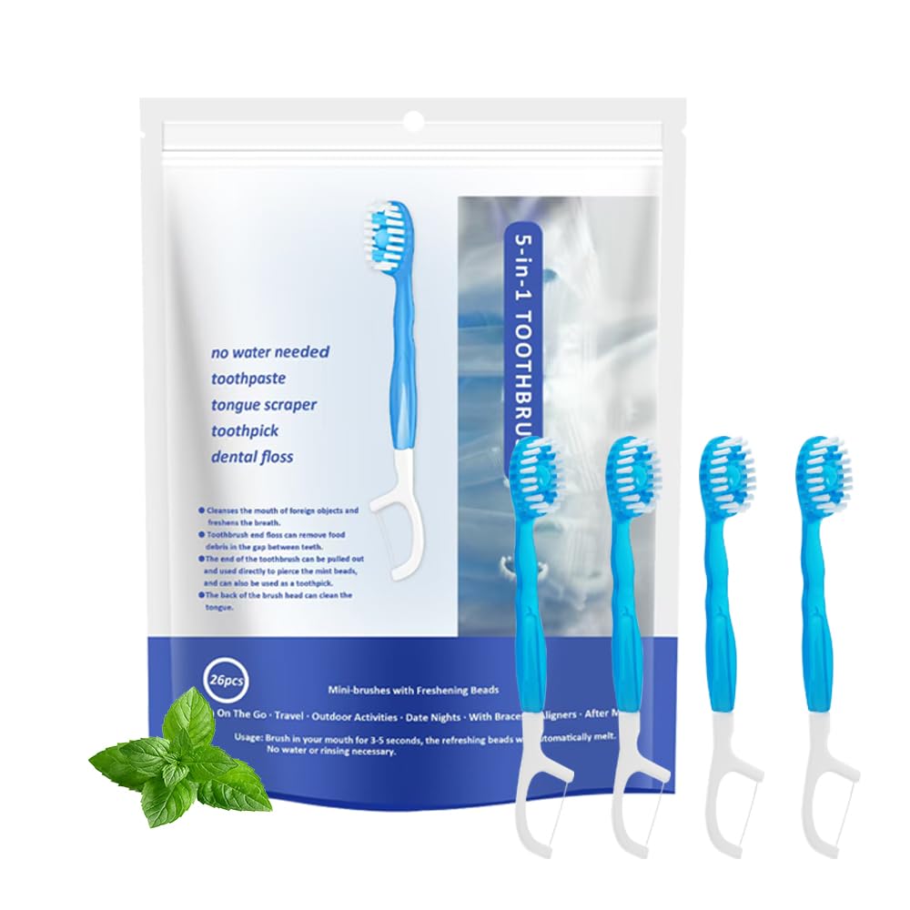 5 in 1 Mini Brushes-Disposable Toothbrushes with Toothpaste + Floss + Pick + Tongue Scraper | Travel Size | Individually Wrapped | Soft | Mint | Travel Set (Mint, 26 pcs)