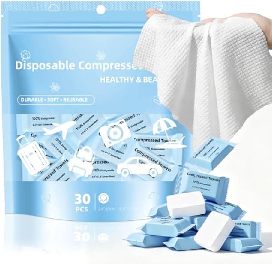 Compressed Towels, Large Size Disposable Face Compressed Towel, 30 PCS Ultra Soft Portable Washcloths Tablets Reusable for Travel, Camping, Hiking, Sport, Beauty, Home Hand Cloths, Outdoor