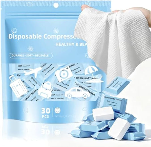 Compressed Towels, Large Size Disposable Face Compressed Towel, 30 PCS Ultra Soft Portable Washcloths Tablets Reusable for Travel, Camping, Hiking, Sport, Beauty, Home Hand Cloths, Outdoor
