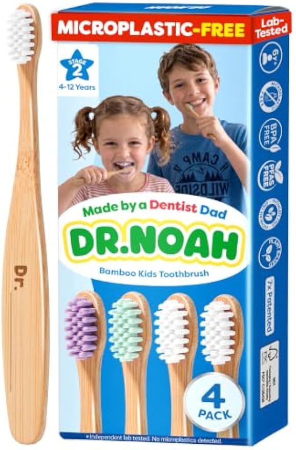 Dr. Noah Microplastic-Free Bamboo Kids Toothbrush, Dentist Designed, Age 4+ | 656 Substances Safety Tested | BPA, PFAS & Phthalate Free | Extra Soft Bristles | 4 pack set, Travel Kit, 4+ year old