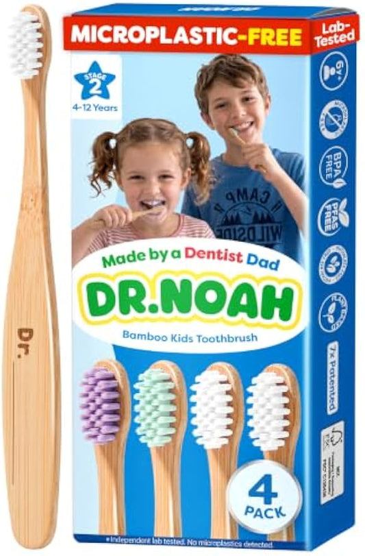 Dr. Noah Microplastic-Free Bamboo Kids Toothbrush, Dentist Designed, Age 4+ | 656 Substances Safety Tested | BPA, PFAS & Phthalate Free | Extra Soft Bristles | 4 pack set, Travel Kit, 4+ year old