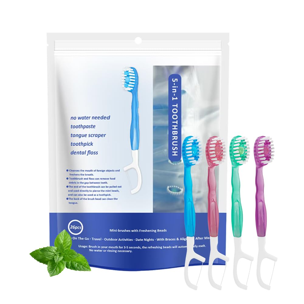 5 in 1 Mini Brushes-Disposable Toothbrushes with Toothpaste + Floss + Pick + Tongue Scraper | Travel Size | Individually Wrapped | Soft | Mint | Travel Set (Mint, 52pcs(2Pack))