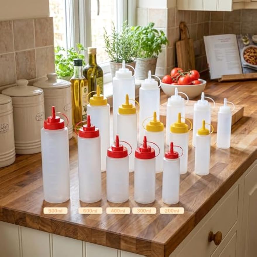 6 Pack Condiment Squeeze Bottles, 16 oz Wide Mouth Squeeze Bottles Set with 3-Color Top Cap Leak Proof, BPA Free Refillable Plastic Squirt Bottles for Sauces, Dressing, Oils, BBQ & Crafts