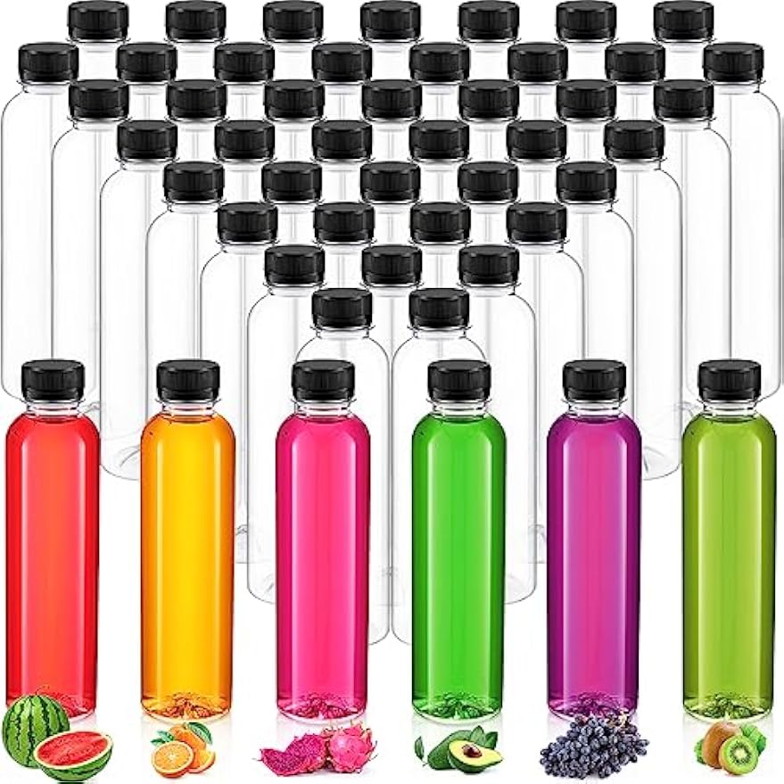 Dandat 50 Pcs 10 Oz Clear Plastic Juice Bottles with Caps Bulk Resuable | Empty Sensory Bottles with Lids, Disposable Drink Containers for Juicing, Drinking and Other Beverages, Wide Mouth Design