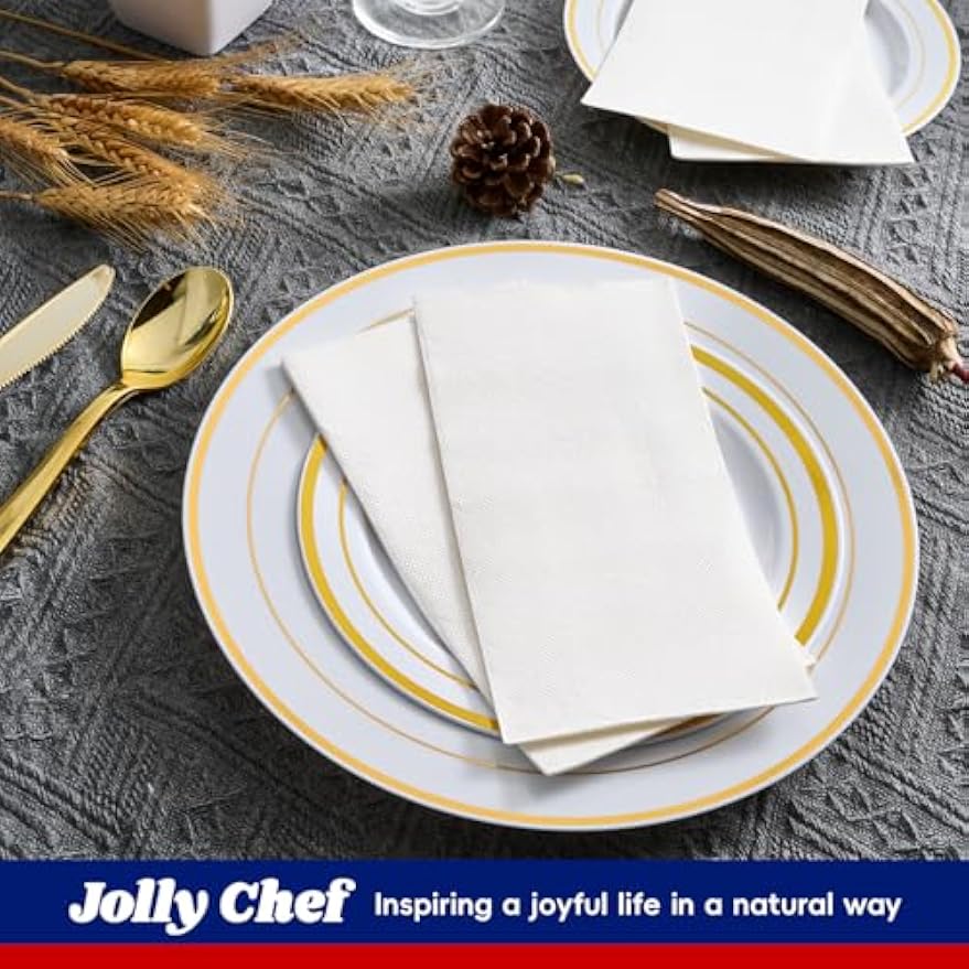 JOLLY CHEF 200 Pack Disposable Paper Napkins, Soft Bathroom Napkins for Guests, 2-Ply White Paper Hand Towels for Halloween, Wedding, Thanksgiving