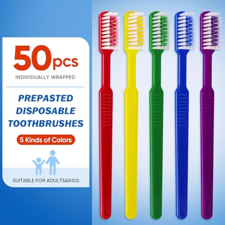 50 PCS Prepasted Disposable Toothbrushes with Toothpaste, Bulk Toothbrush | Premium Bulk Disposable Toothbrushes Individually Wrapped, Single Use Prepasted Toothbrush for Travel, Guests, Hotel, Camping