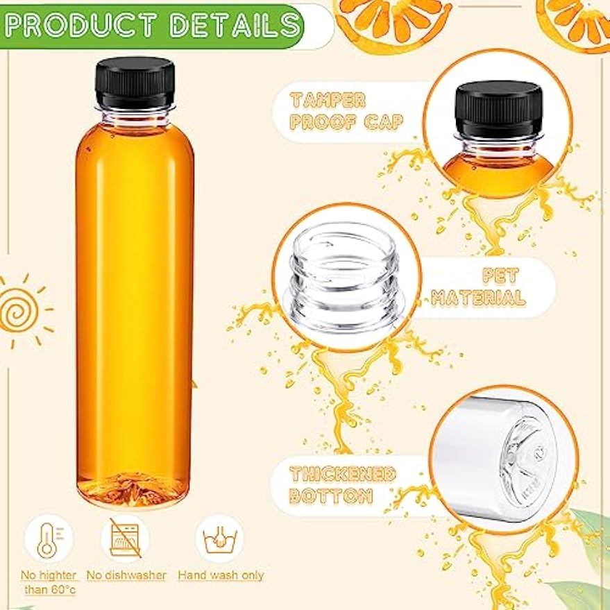 Dandat 50 Pcs 10 Oz Clear Plastic Juice Bottles with Caps Bulk Resuable | Empty Sensory Bottles with Lids, Disposable Drink Containers for Juicing, Drinking and Other Beverages, Wide Mouth Design