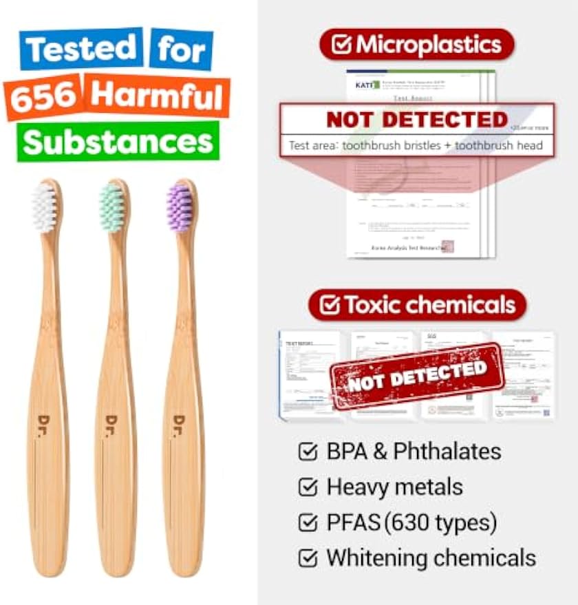 Dr. Noah Microplastic-Free Bamboo Kids Toothbrush, Dentist Designed, Age 4+ | 656 Substances Safety Tested | BPA, PFAS & Phthalate Free | Extra Soft Bristles | 4 pack set, Travel Kit, 4+ year old