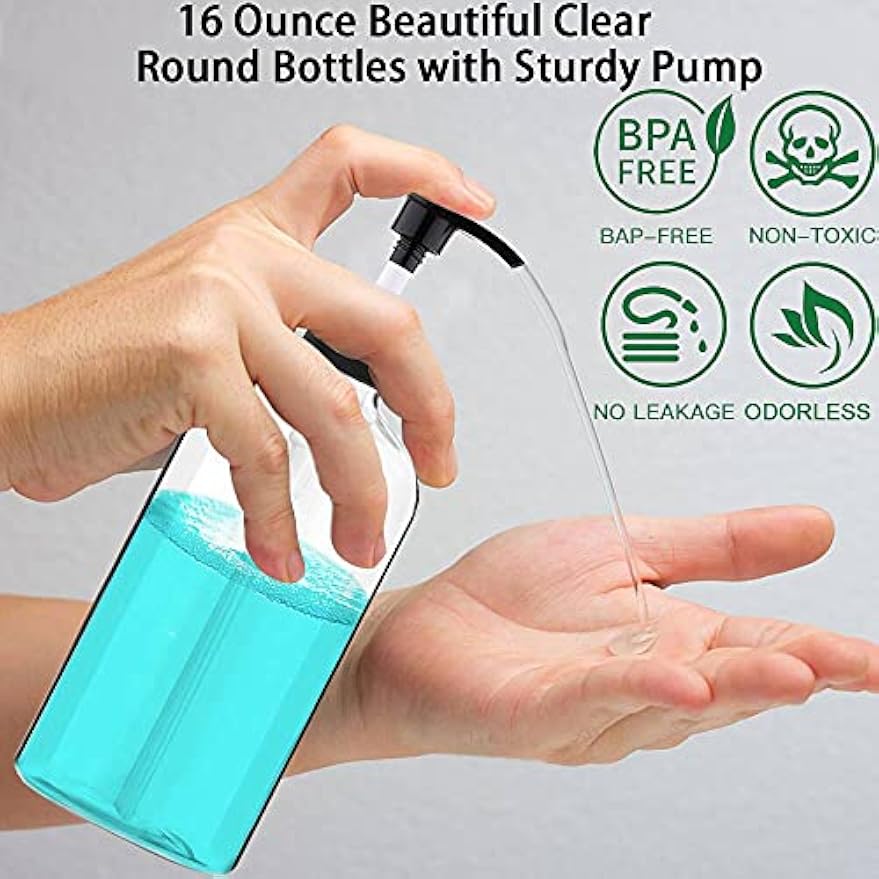 Empty Plastic Pump Bottles Dispenser 4 Pack 16oz/500ml Portable Clear BPA-Free Cylinder Shampoo Lotion Hand Pump Bottle Durable Refillable Containers
