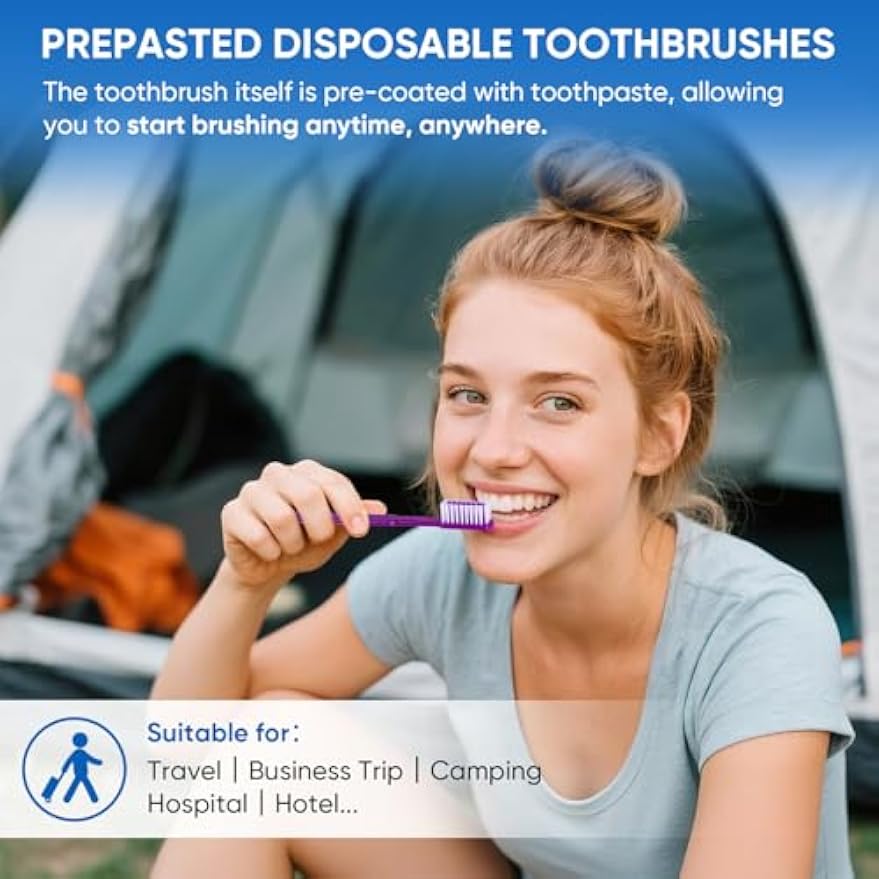 50 PCS Prepasted Disposable Toothbrushes with Toothpaste, Bulk Toothbrush | Premium Bulk Disposable Toothbrushes Individually Wrapped, Single Use Prepasted Toothbrush for Travel, Guests, Hotel, Camping