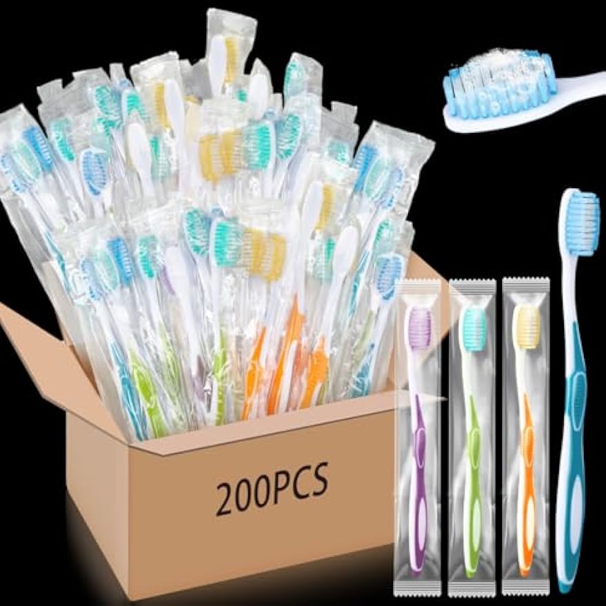 Maxcheck 200 Pack Disposable Toothbrushes Bulk,Blue, Orange, Green, Purple | Prepasted Toothpaste Built in, Individually Wrapped, For Travel Hotel Guests Donation Shelters Camping Homeless Gift