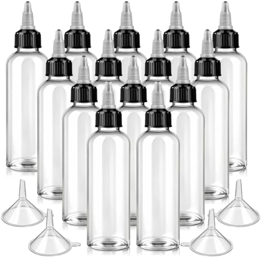 64 Pack 4 oz Plastic Squeeze Bottles, Round Clear Dispensing Bottles with Twist Top Cap and Funnel, Plastic Boston Squeeze Bottle for Liquids, Oils, Inks, Crafts, Kitchen, Household