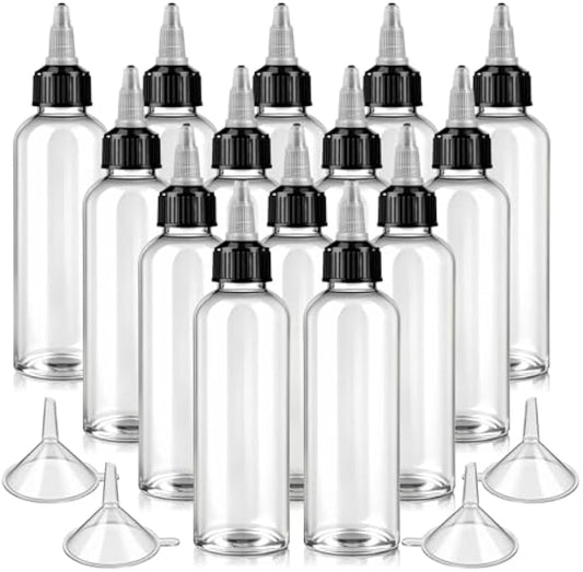 64 Pack 4 oz Plastic Squeeze Bottles, Round Clear Dispensing Bottles with Twist Top Cap and Funnel, Plastic Boston Squeeze Bottle for Liquids, Oils, Inks, Crafts, Kitchen, Household
