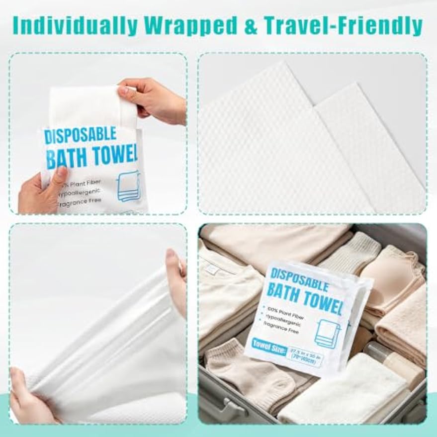10 Pack Disposable Bath Towels 55''X27.5'', Ultra Soft Travel Towels | Individually Wrapped Large Absorbent Towels for Hotel, Business Trip, Camping, Swimming, Spa, Sauna and Pet Care