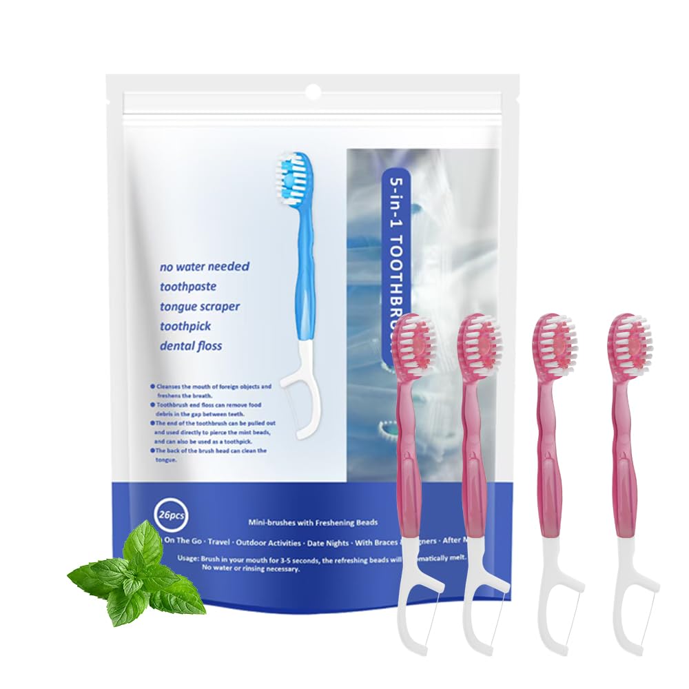 5 in 1 Mini Brushes-Disposable Toothbrushes with Toothpaste + Floss + Pick + Tongue Scraper | Travel Size | Individually Wrapped | Soft | Mint | Travel Set (Mint, 52pcs(2Pack))