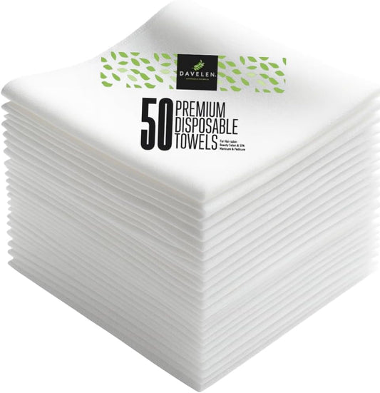 DAVELEN Disposable Large Luxury Towels (50-Count) Spa and Salon Quality Softness for Guests, Clients | Hair, Face, Body Use | Luxurious Comfort, Ecofriendly (050, 32x16 inches)