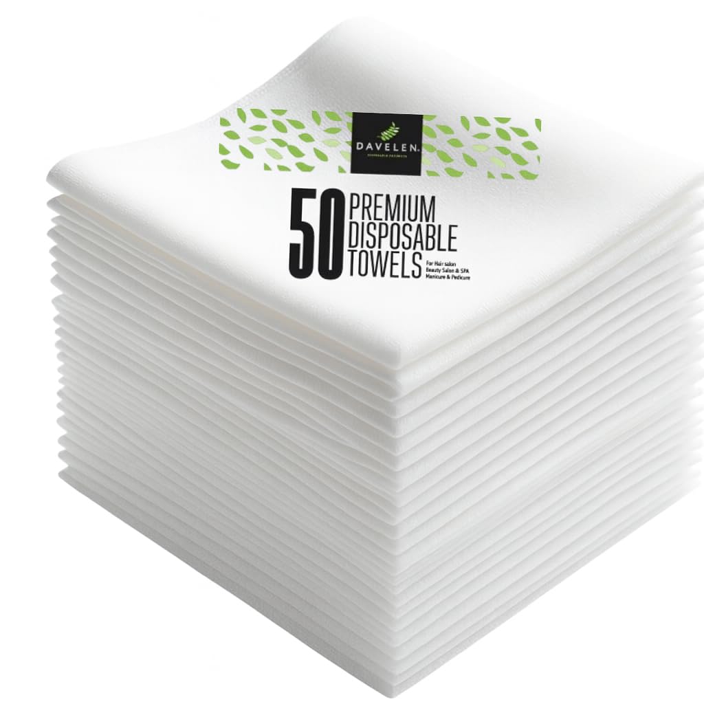 DAVELEN Disposable Large Luxury Towels (50-Count) Spa and Salon Quality Softness for Guests, Clients | Hair, Face, Body Use | Luxurious Comfort, Ecofriendly (050, 32x16 inches)