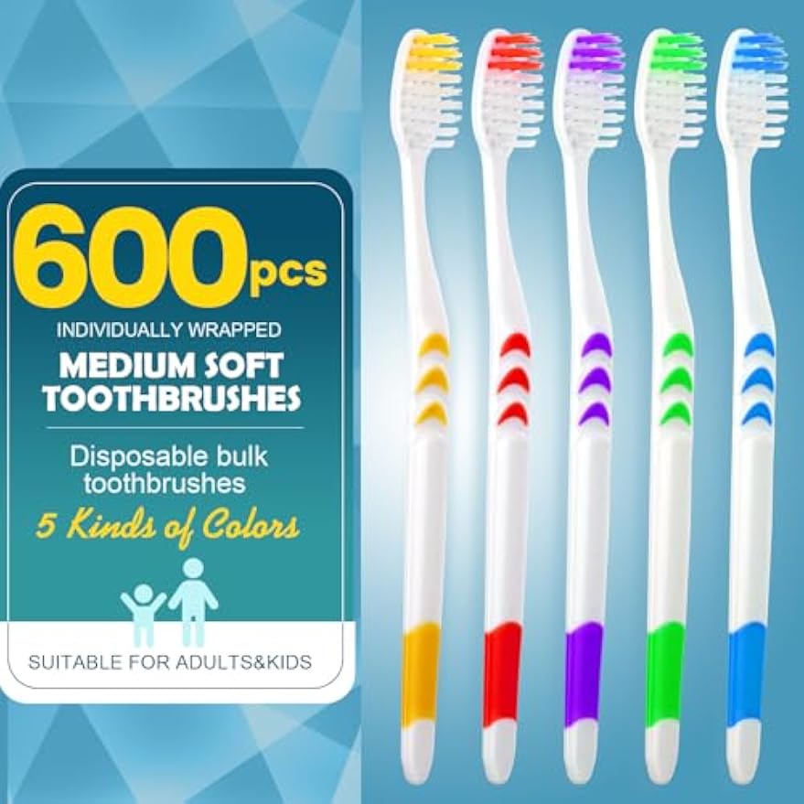600 PCS Premium Individually Wrapped Bulk Toothbrush, Disposable Toothbrush | Medium Soft Bristle Toothbrushes, Kids Toothbrushes, Ergonomics Handle, Perfect for Travel Hotel Donation