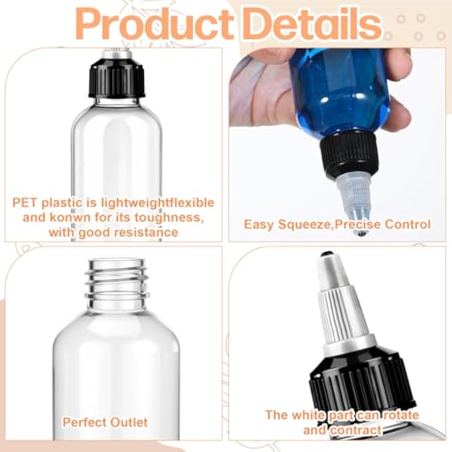 64 Pack 4 oz Plastic Squeeze Bottles, Round Clear Dispensing Bottles with Twist Top Cap and Funnel, Plastic Boston Squeeze Bottle for Liquids, Oils, Inks, Crafts, Kitchen, Household