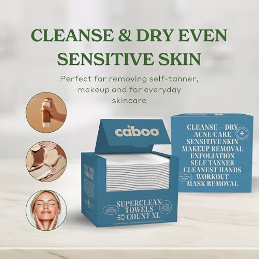 Caboo Tree Free Disposable Face Towels – 50 Soft, Lint-Free Towels | Extra-Large 10x11.5” | Gentle Alternative to Makeup Wipes & Washcloths