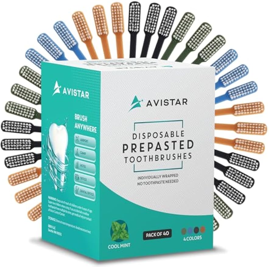 Avistar 40 Prepasted Disposable Toothbrushes Individually Wrapped - Single Use Pre Pasted Disposable Toothbrushes with Toothpaste Built in - Waterless Toothbrush for Travel, Guests, Hotel, & Camping