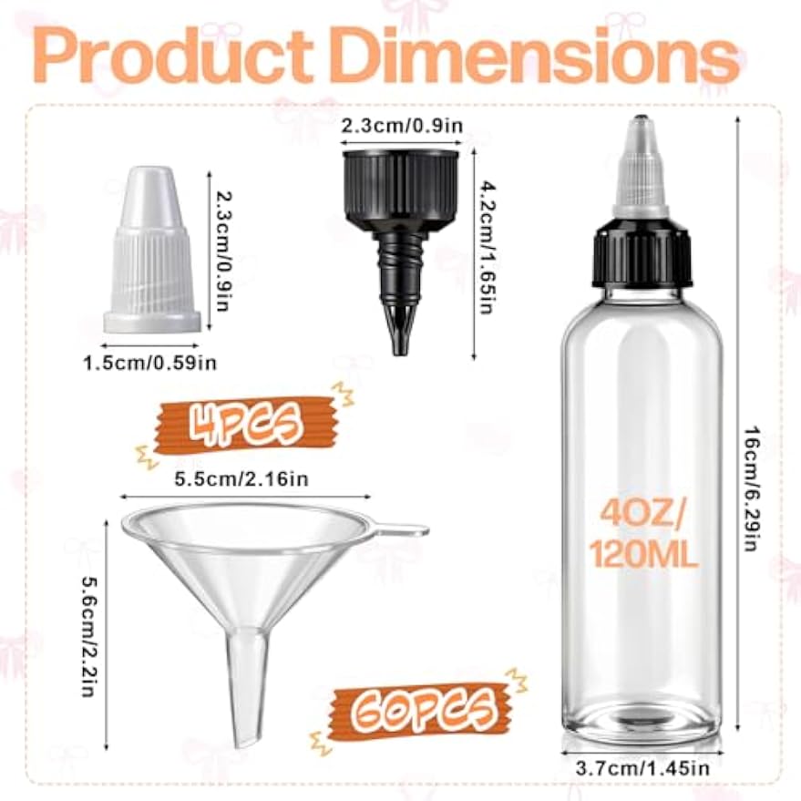 64 Pack 4 oz Plastic Squeeze Bottles, Round Clear Dispensing Bottles with Twist Top Cap and Funnel, Plastic Boston Squeeze Bottle for Liquids, Oils, Inks, Crafts, Kitchen, Household