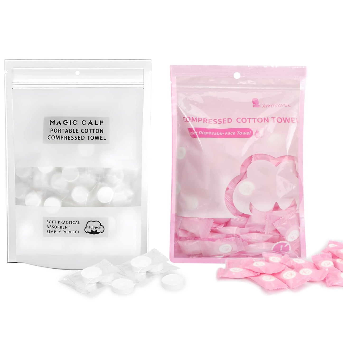 Classycoo Compressed Towels Tablets - Face Towels Disposable, Mini 100 Pack | Soft Individually Wrapped, Cotton, Expands in Seconds, Candy-Shaped, NO-Odor, Facial Washcloths Cleaning/Travel/Camping, Pink