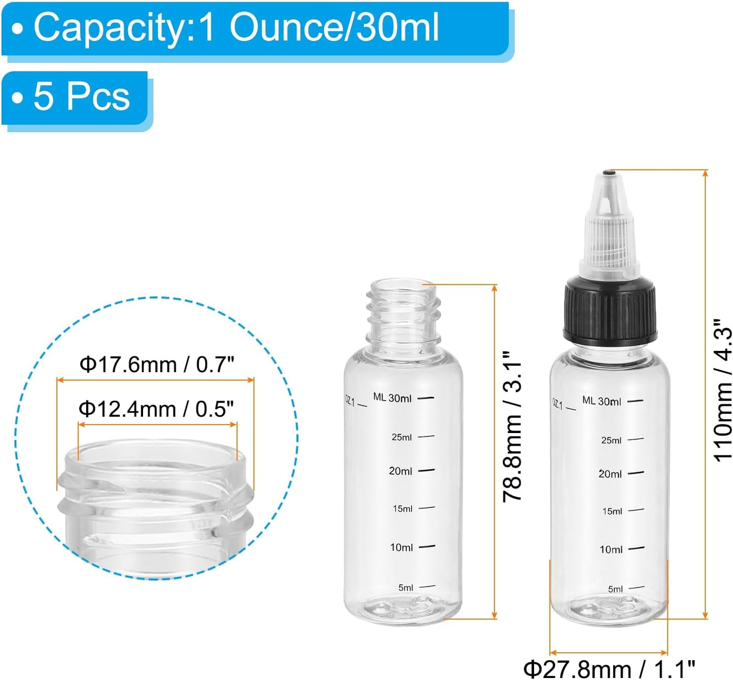PATIKIL 1oz(30ml) Plastic Dispensing Bottle, 5Pcs Squeeze Graduated Empty Bottles with Black Twist Cap for Liquids, Inks, Oils, Sauces, Arts and Crafts, Transparent