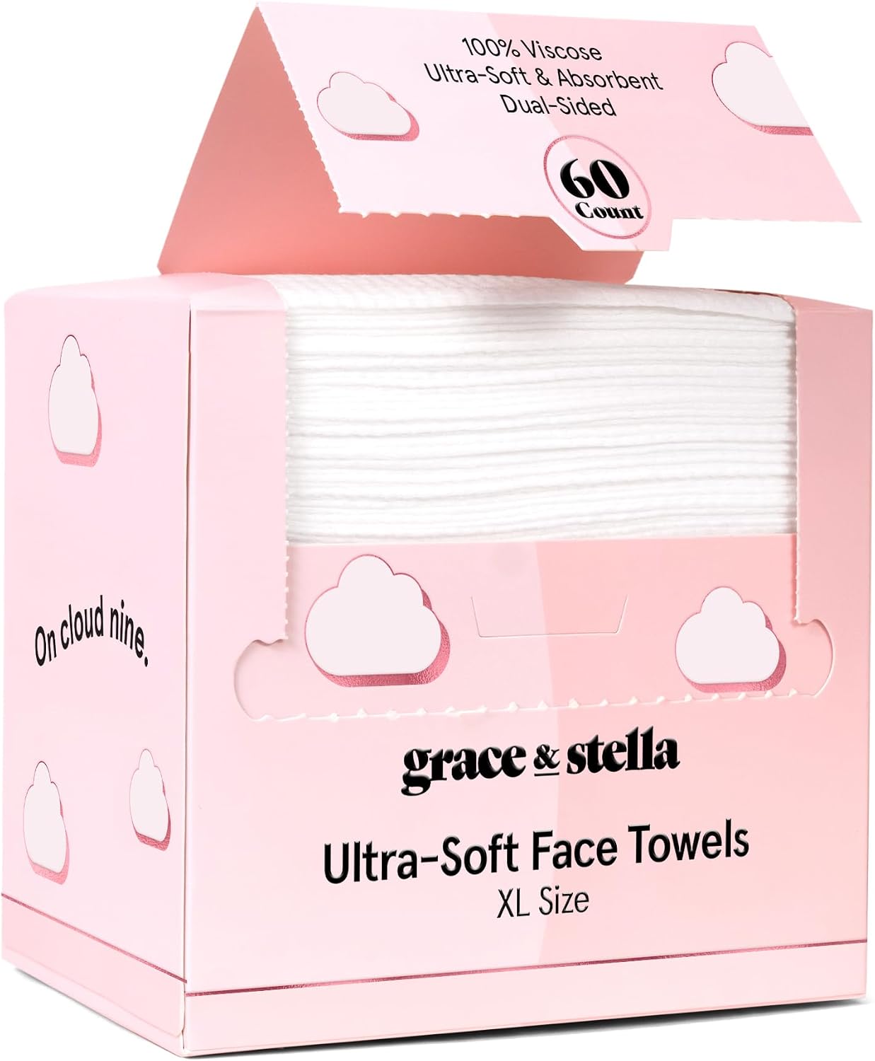 grace & stella Face Towels Disposable XL- Travel Essentials (60 Count) | Ultra-Soft & Absorbent Face Wipes Towelettes, Facial Towels for Cleansing & Makeup Removal - Face Cleansing Foaming Nets