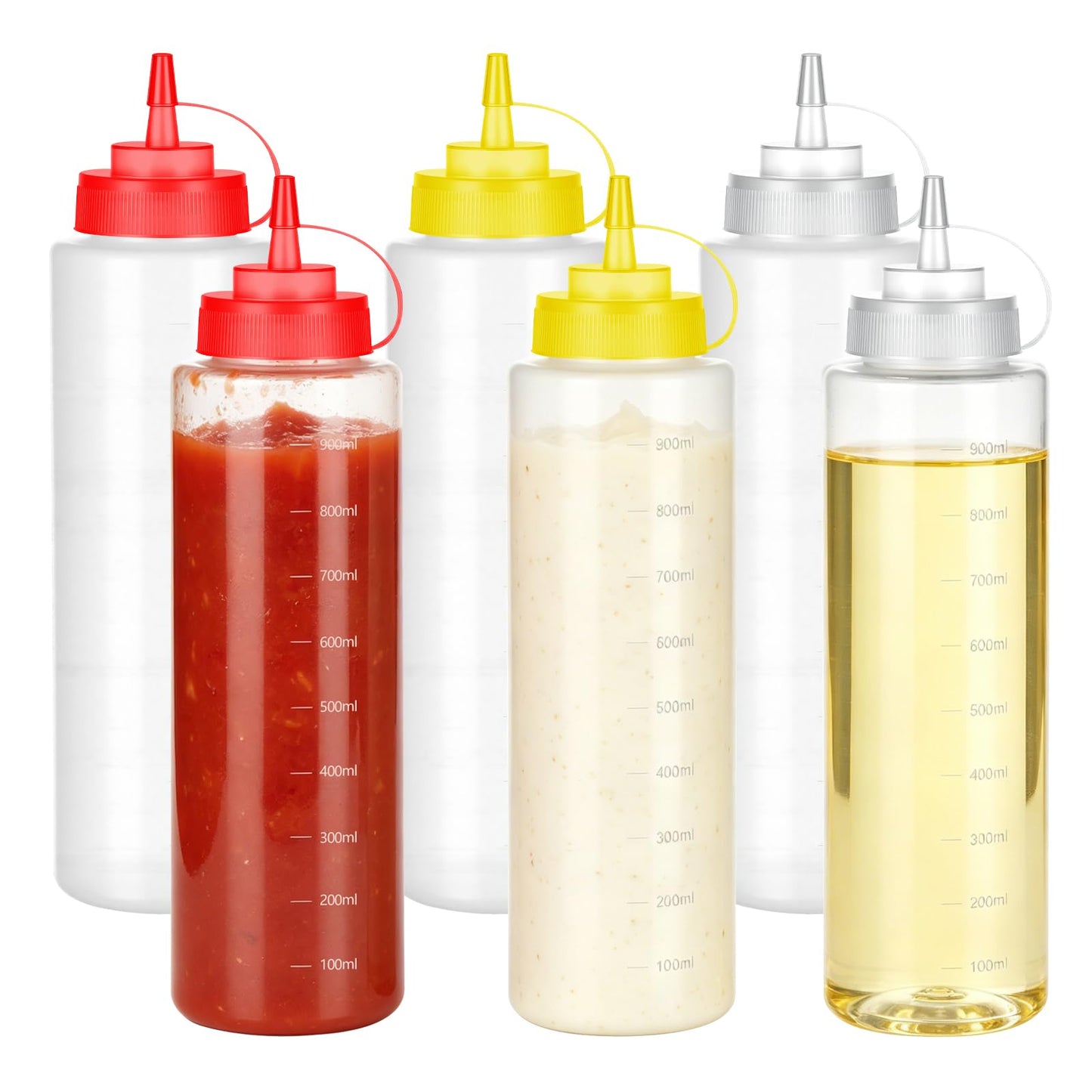 6 Pack Condiment Squeeze Bottles, 16 oz Wide Mouth Squeeze Bottles Set with 3-Color Top Cap Leak Proof, BPA Free Refillable Plastic Squirt Bottles for Sauces, Dressing, Oils, BBQ & Crafts