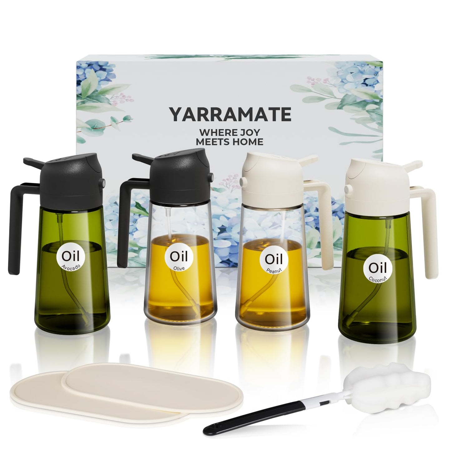 YARRAMATE 16 oz 2-in-1 Glass Olive Oil Sprayer for Cooking, Black | Food-grade dispenser bottle, 470 ml, spray and pour, portion control, stickers included, for salad, frying and BBQ