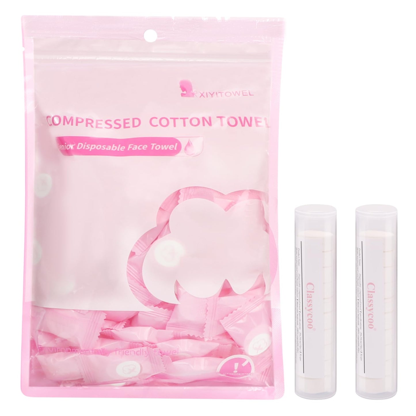 Classycoo Compressed Towels Tablets - Face Towels Disposable, Mini 100 Pack | Soft Individually Wrapped, Cotton, Expands in Seconds, Candy-Shaped, NO-Odor, Facial Washcloths Cleaning/Travel/Camping, Pink