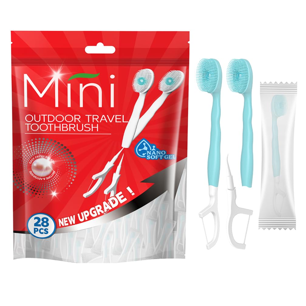 28 Packs Mini Brushes Disposable Toothbrushes, Mix Flover | with Toothpaste, Floss, Pick, Tongue Scraper, Travel Size Business Trip Individually Wrapped