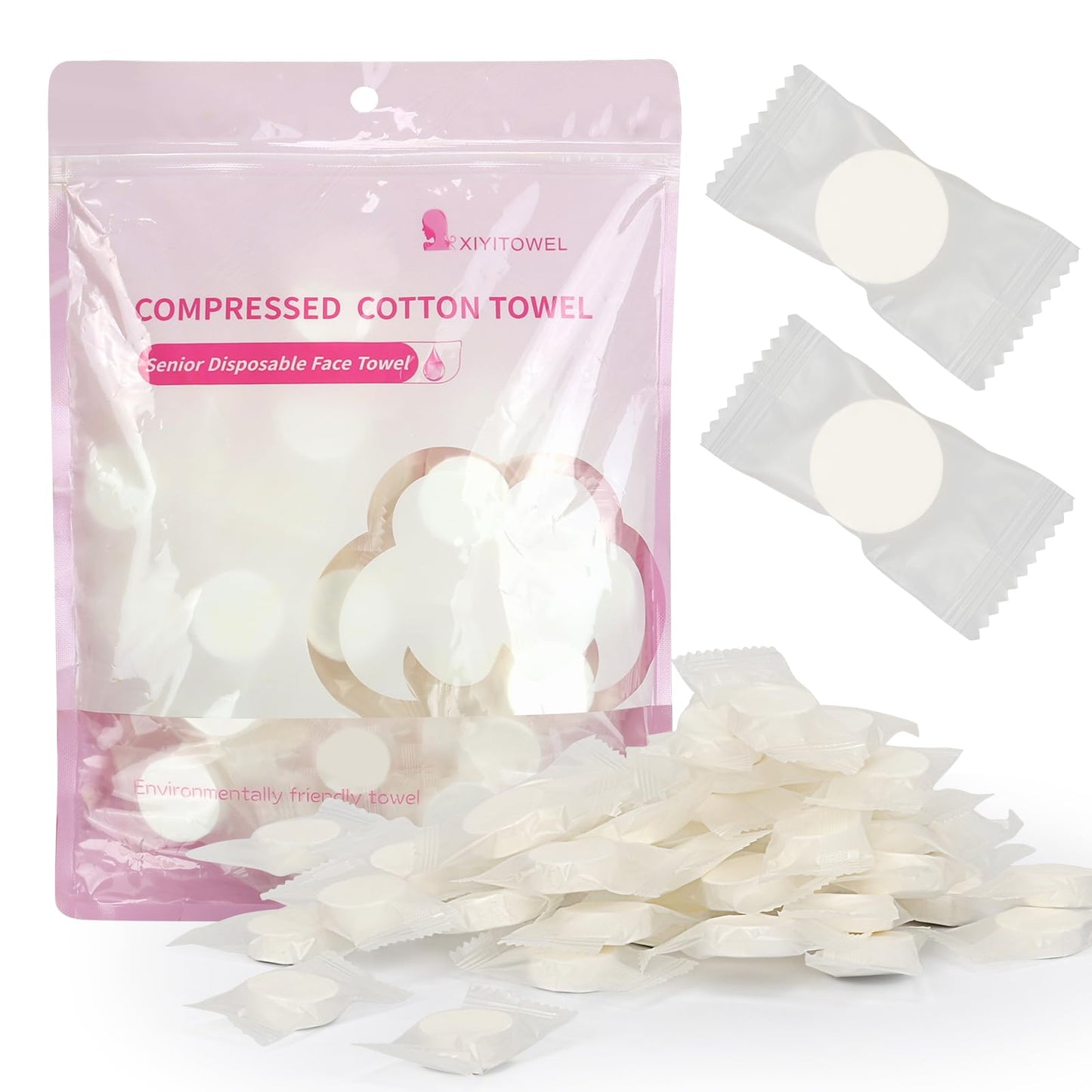 Classycoo Compressed Towels Tablets - Face Towels Disposable, Mini 100 Pack | Soft Individually Wrapped, Cotton, Expands in Seconds, Candy-Shaped, NO-Odor, Facial Washcloths Cleaning/Travel/Camping, Pink