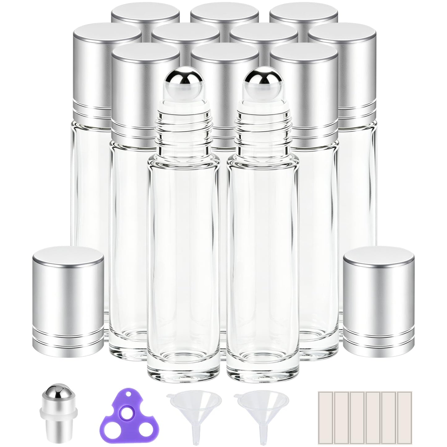 PrettyCare Set of 60, 10 ml Essential Oil Roller Bottles with Stainless Steel Roller Ball - Bulk Refillable Leak-proof Empty Clear Glass Roll on Bottles with Silver Metal Caps for Travel, Perfume