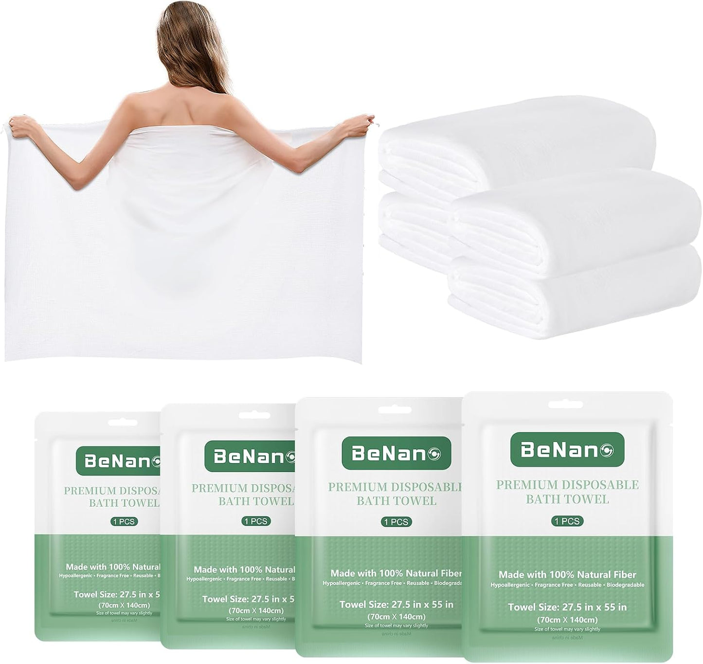 Benano 55 in x 27.5 in Disposable Bath Towels | Ready to Use, 4 Pack | Sanitary, disposable bath towels. 100% USDA Biobased. Elevate experience in salons, hotels, massage, camping and travel